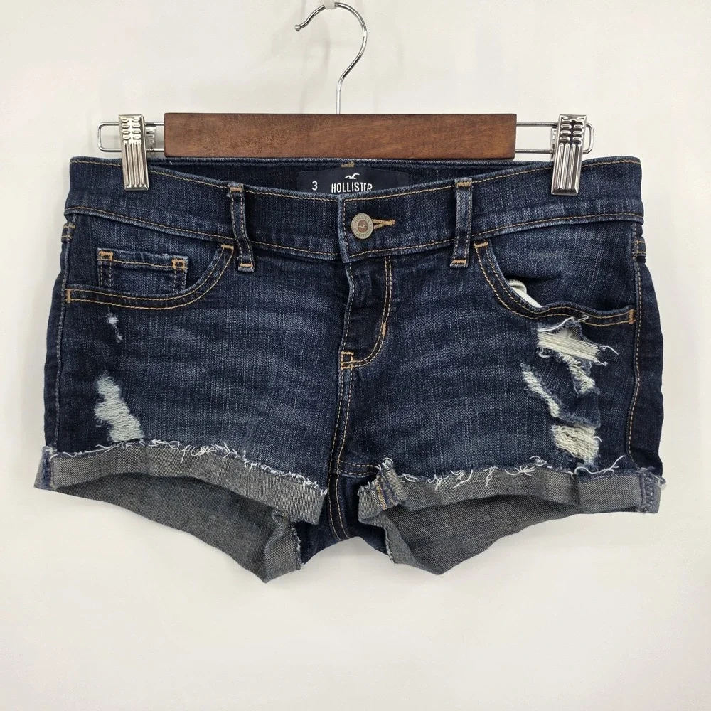 Y2K Hollister Low Rise Micro Mini Denim Shorts Cuffed Sz 3 Jorts Preppy Dark W26